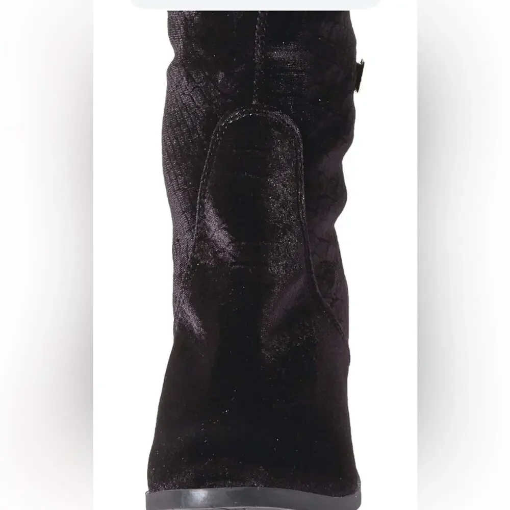 New $115 Black Faux Velvet Slouchy Sock Boot Tassle Womens 9.5 Boho Quiet Luxury